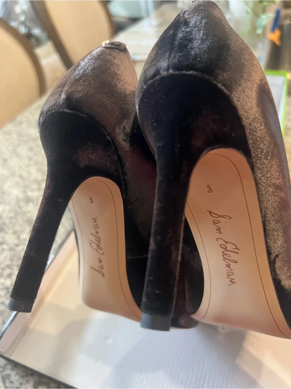Sam Edelman Dark Brown Velvet Pom-Pom Pointed Toe Heels